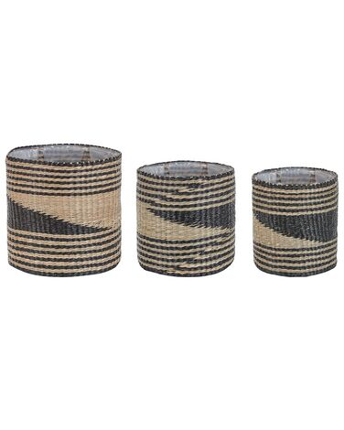 Set of 3 Seagrass Plant Pot Baskets Natural and Black RATTAIL