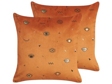 Set of 2 Velvet Cushions Eye Motif 45 x 45 cm Orange AEONIUM