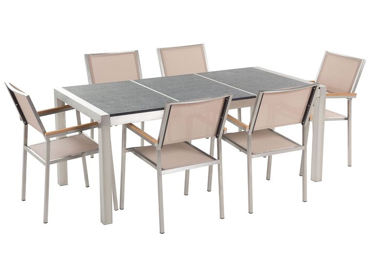 Hatszemélyes fekete égetett gránit étkezőasztal bézs textilén székekkel GROSSETO_396122
