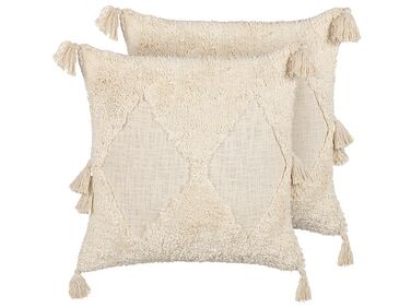 Set of 2 Tufted Cotton Cushions with Tassels 45 x 45 cm Light Beige AVIUM