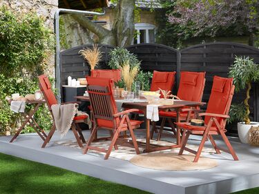 Set of 6 Acacia Garden Folding Chairs with Red Cushions TOSCANA