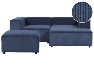 Kombinálható kétszemélyes bal oldali kék kordbársony kanapé ottománnal APRICA