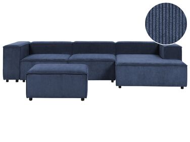 Kombinálható háromszemélyes bal oldali kék kordbársony kanapé ottománnal APRICA