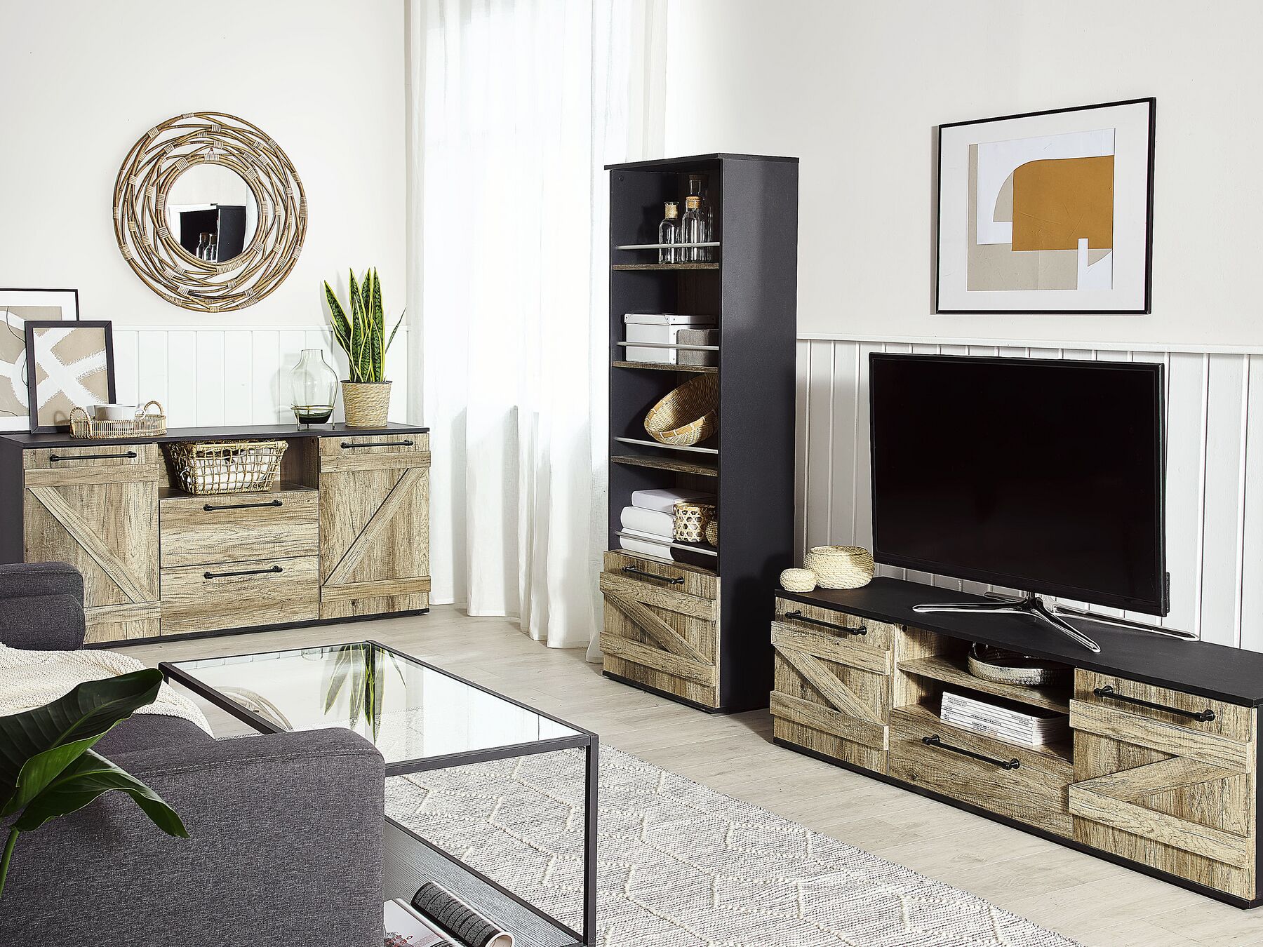 Barn Style TV Stand with Cabinets Light Wood Black for TVs up to 70 in Salter
