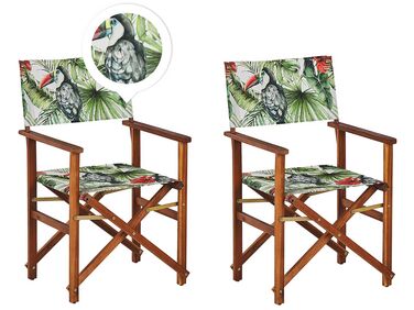 Set of 2 Acacia Folding Chairs and 2 Replacement Fabrics Dark Wood with Grey / Toucan Pattern CINE
