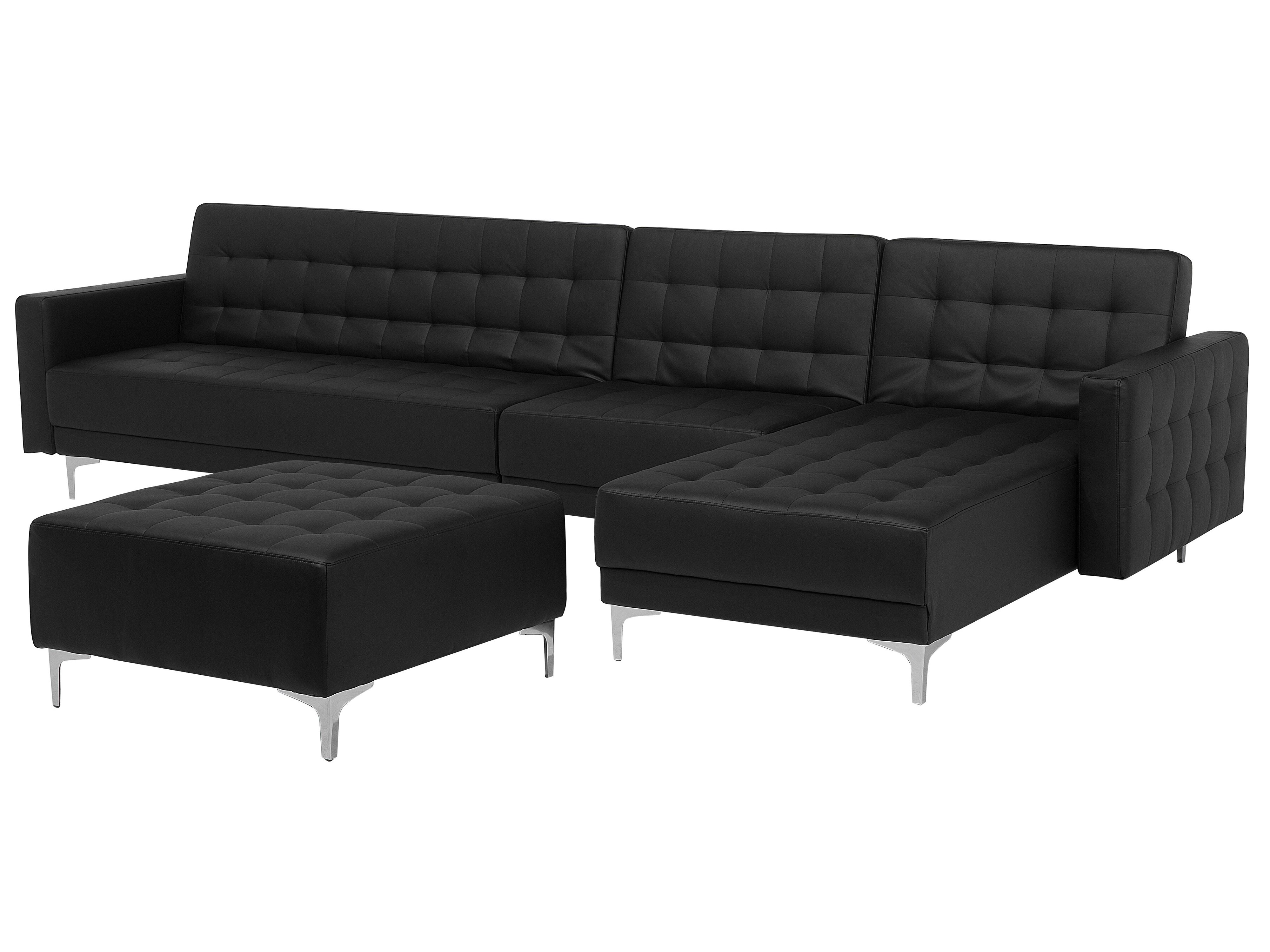 Left Hand Modular Faux Leather Sofa with Ottoman Black ABERDEEN