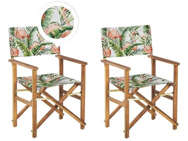 Conjunto 2 cadeiras de jardim madeira clara e 2 lonas cinzentas e padrão flamingo CINE