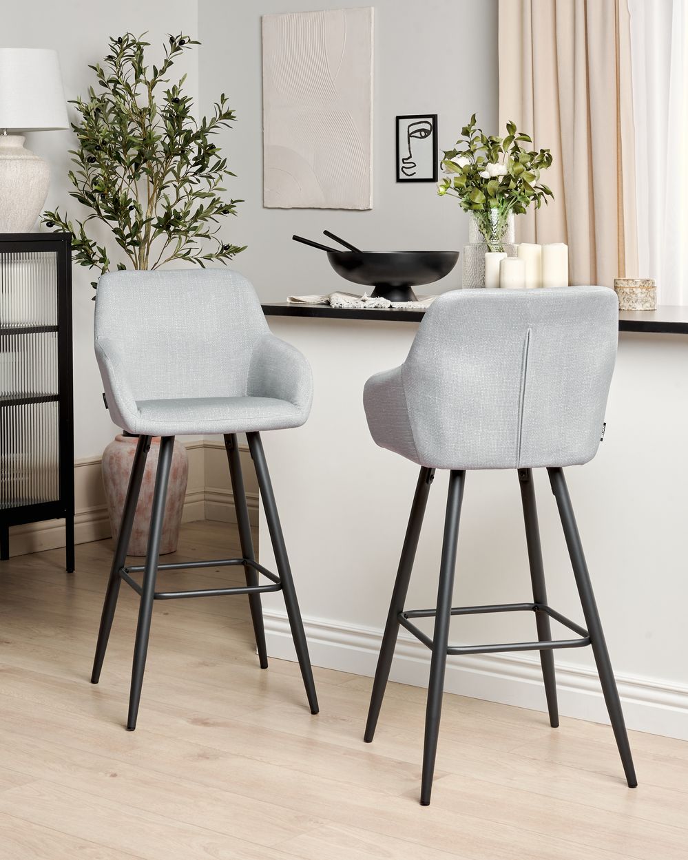 Set of 2 cheap grey fabric bar stools
