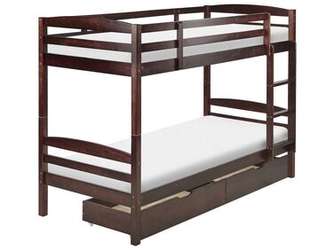 Łóżko piętrowe z szufladami drewniane 90 x 200 cm ciemne REGAT 