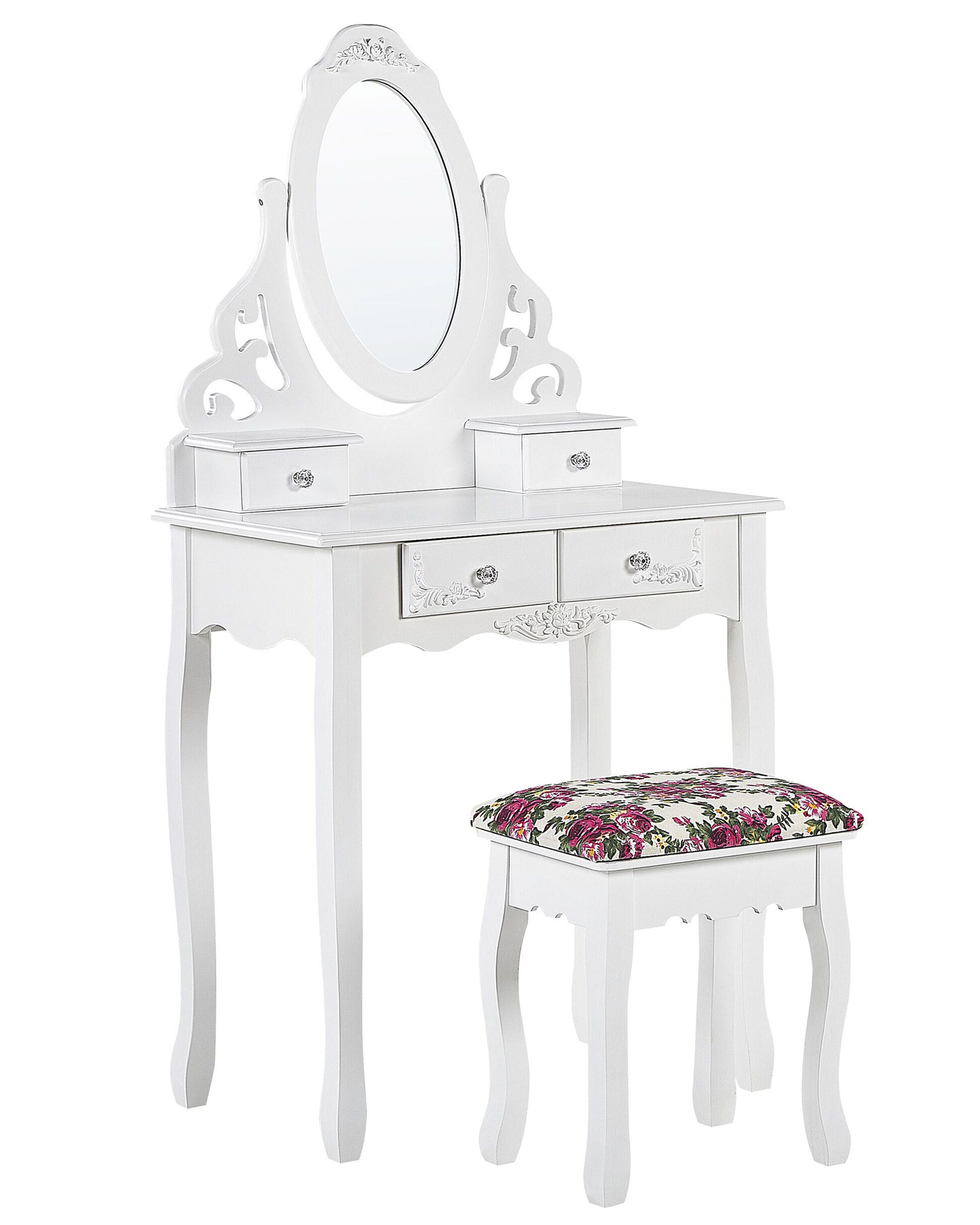 Tavolino da toeletta 4 cassetti con specchio ovale e sgabello bianco AMOUR  