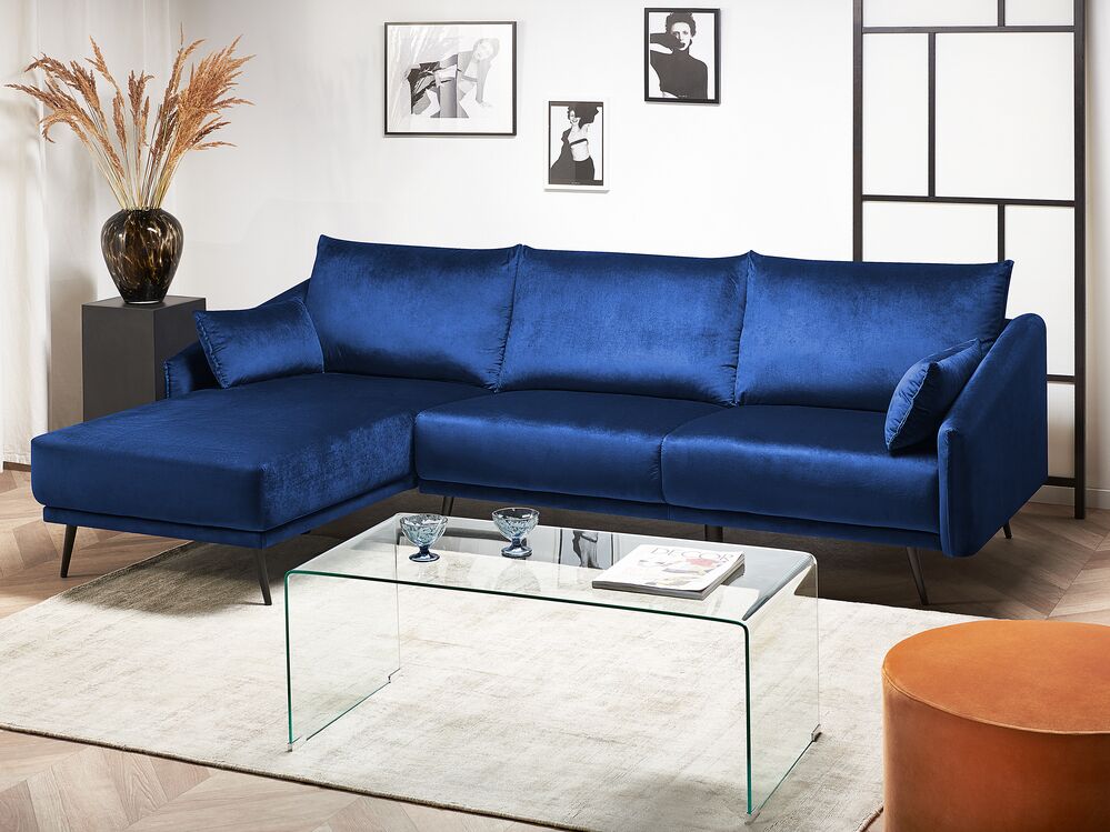 Right Hand Velvet Corner Sofa Navy Blue Varde Beliani Co Uk Right Hand Velvet Corner Sofa Navy Blue, Velvet Modular Sofa Uk