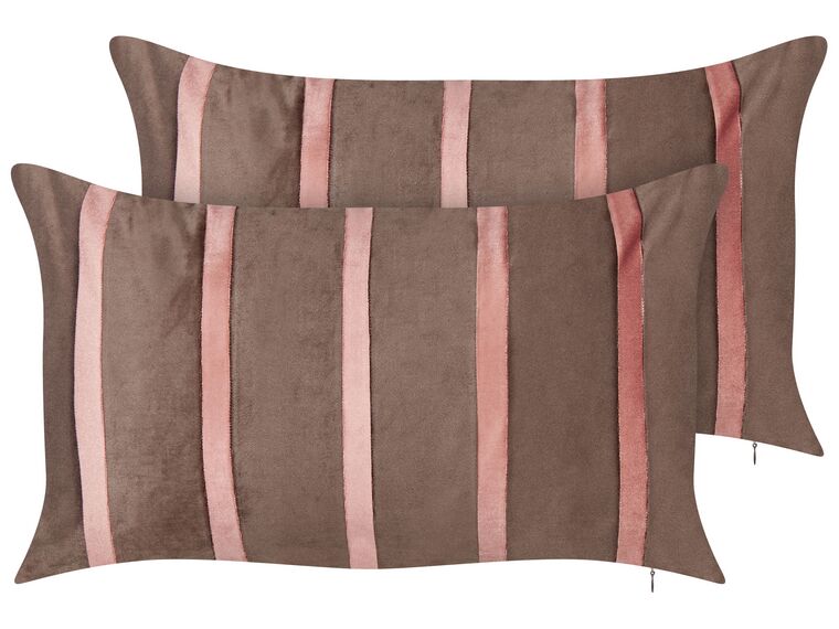 Set of 2 Velvet Cushions Striped Pattern 35 x 60 cm Brown CRODYLINE_914036