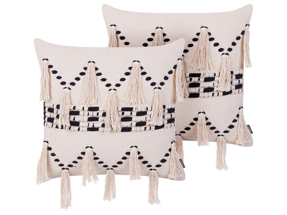 Set of 2 Cotton Cushions with Tassels 45 x 45 cm Beige and Black THONDI Beliani.co.uk