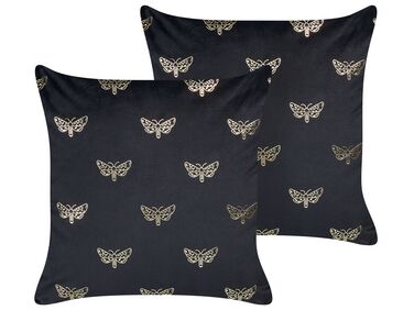 Set of 2 Velvet Cushions Butterfly Pattern 45 x 45 cm Black YUZURI