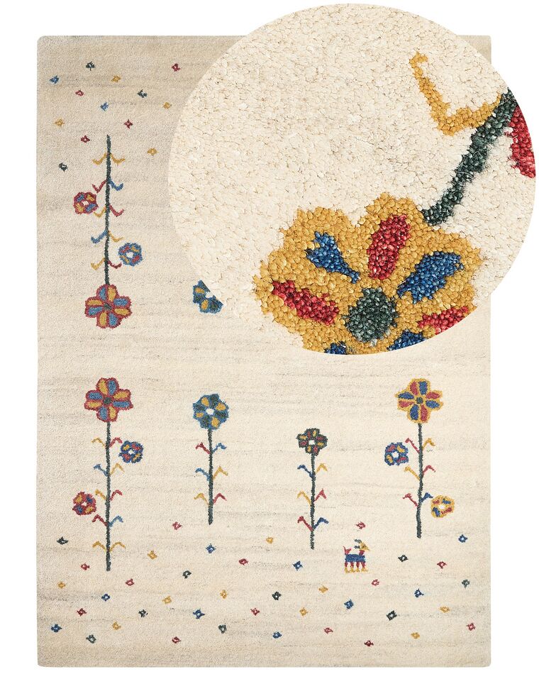 Dywan wełniany gabbeh ze wzorem w kwiaty 160 x 230 cm beżowy HUSUNLU_855496