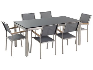 Hatszemélyes fekete gránit étkezőasztal szürke textilén székekkel GROSSETO