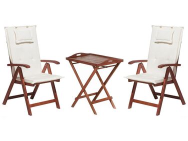 Set de terrasse table et 2 chaises en bois foncé coussins blanc cassé TOSCANA