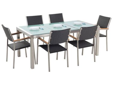 6 Seater Garden Dining Set Triple Plate Cracked Ice Glass Top with Black Rattan Chairs GROSSETO