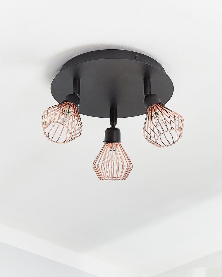 Lampada A Soffitto Baripada 3 Luci – Plafoniera In Metallo Nero/Rame, Stile Vintage Con Paralume A Traliccio, Attacco E14