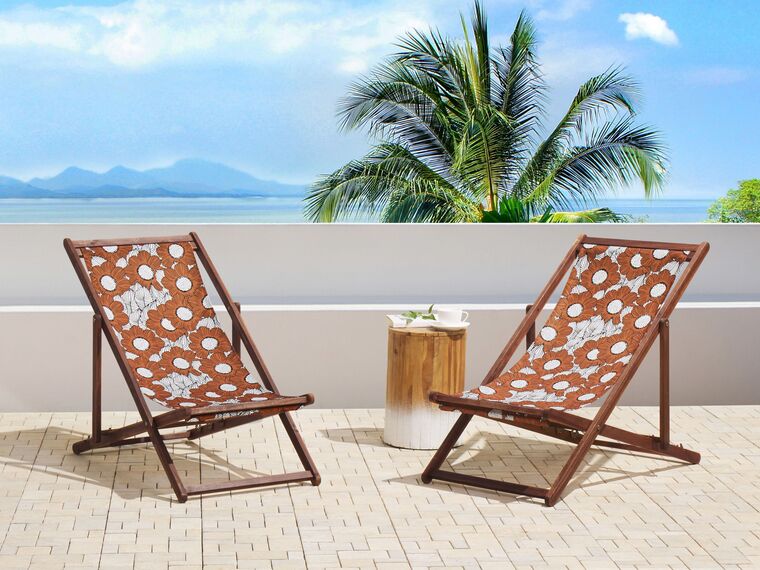Set of 2 Acacia Folding Deck Chairs and 2 Replacement Fabrics Dark Wood with Off-White / Poppies Pattern ANZIO_819775