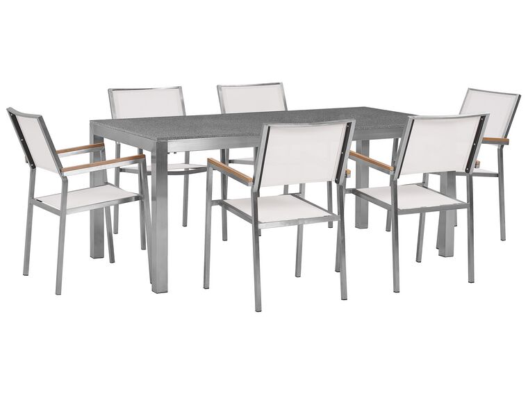 Conjunto de jardín mesa con tablero gris de piedra natural 180 cm, 6 sillas blancas GROSSETO _427973