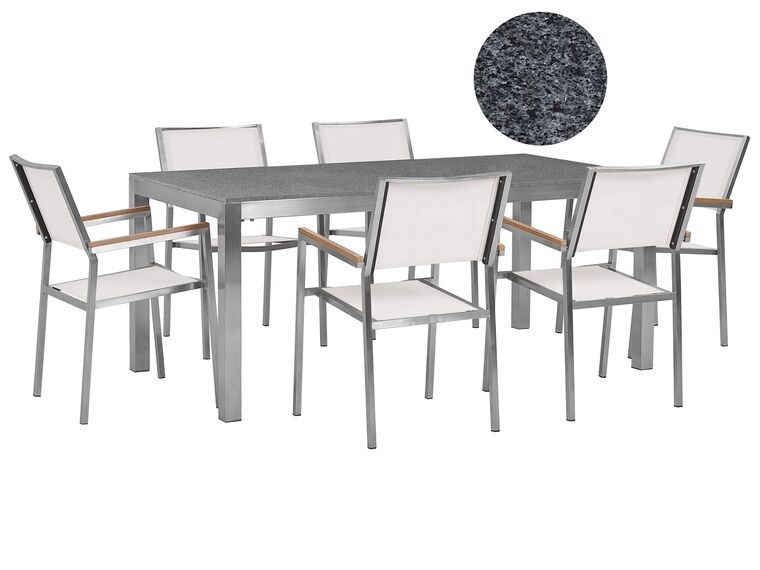 Gartenmöbel Set Granit grau poliert 180 x 90 cm 6-Sitzer Stühle Textilbespannung weiss  GROSSETO_427973