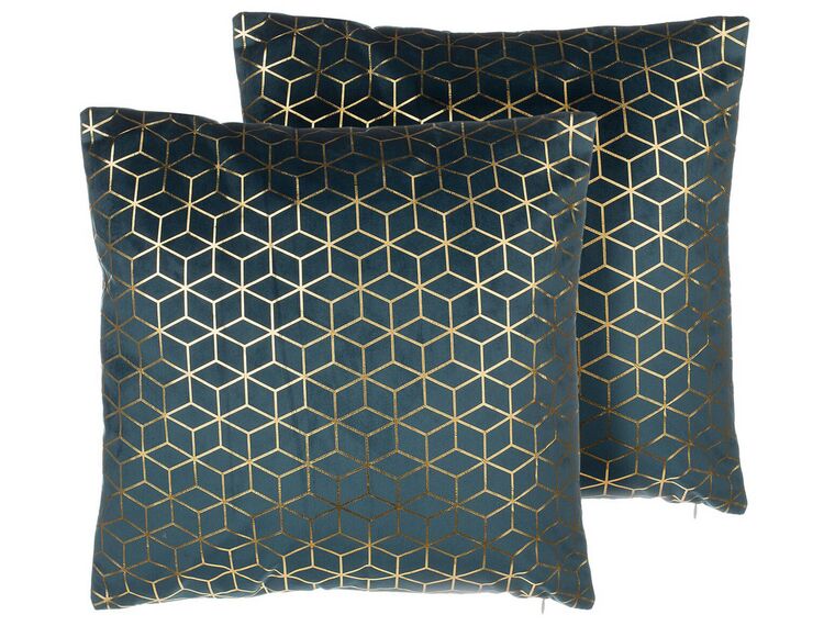 Set of 2 Velvet Cushions Geometric Pattern 45 x 45 cm Teal Blue CELOSIA_770085