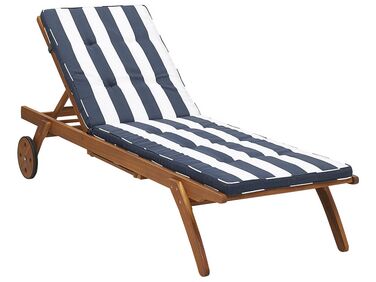 Wooden Reclining Sun Lounger with Cushion Navy Blue and White CESANA