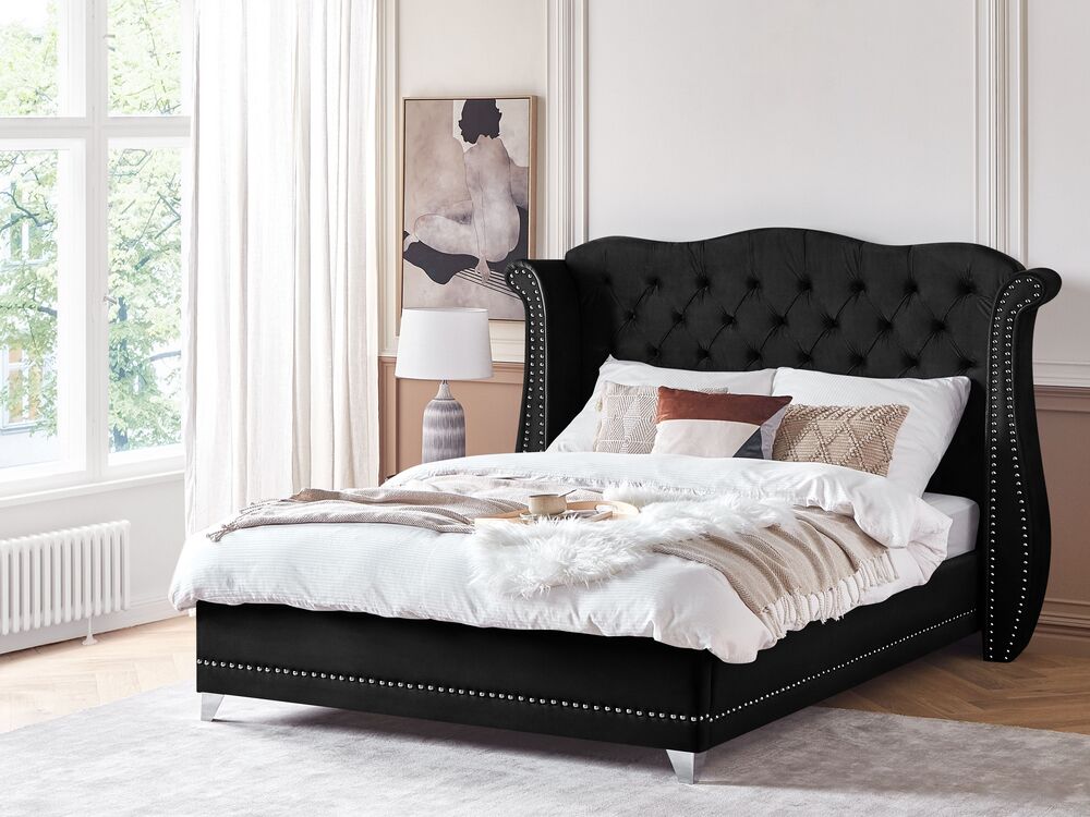 Cama con somier y colchón Negro 90x190 cm Tela