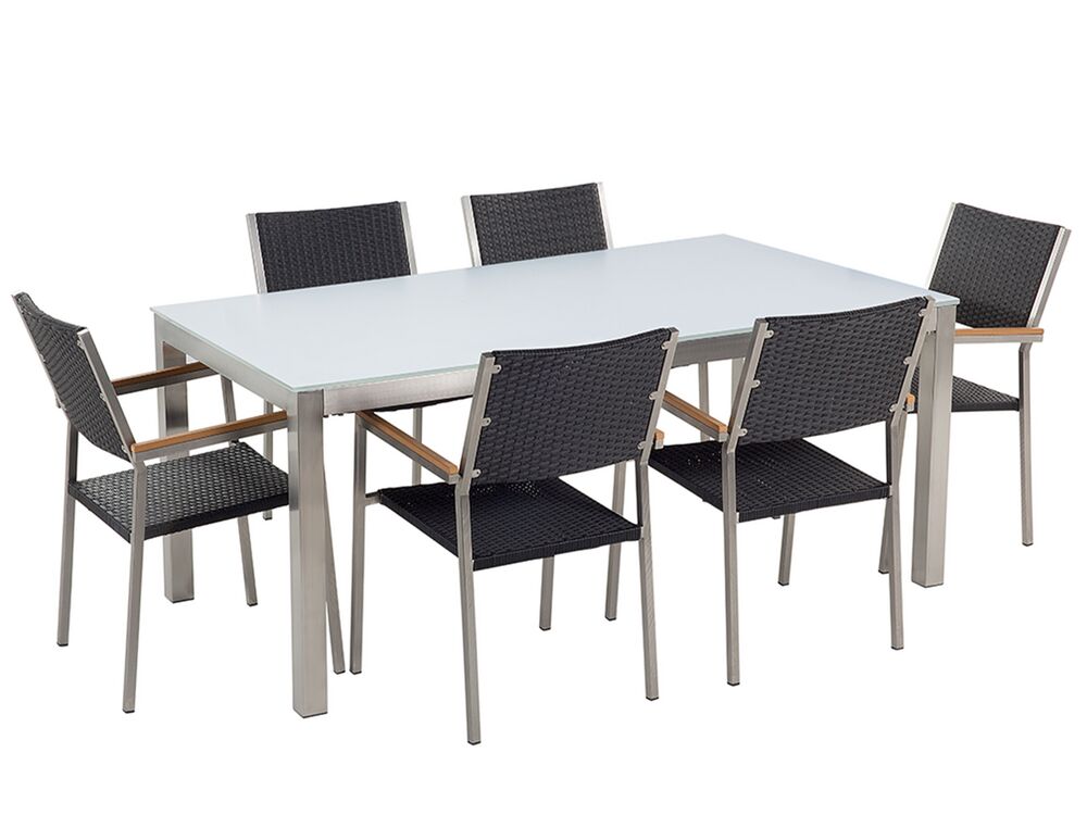 6 Seater Garden Dining Set White Glass Top With Rattan Chairs Grosseto Ex Factury At Fair Right To Return Within 100 Days 6 Seater Garden Dining Set White Glass, Glass Top Outdoor Dining Table For 6