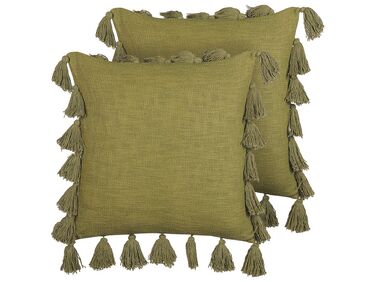 Set of 2 Cotton Cushion with Tassels 45 x 45 cm Green LYNCHIS