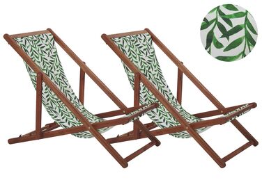 Set of 2 Acacia Folding Deck Chairs and 2 Replacement Fabrics Dark Wood with Off-White / Leaf Pattern ANZIO
