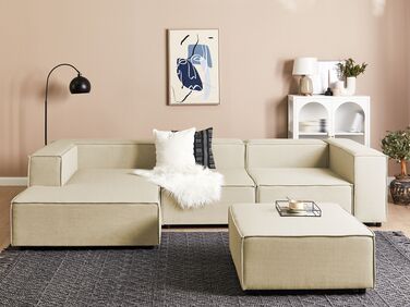 Right Hand 3 Seater Modular Linen Corner Sofa with Ottoman Beige APRICA
