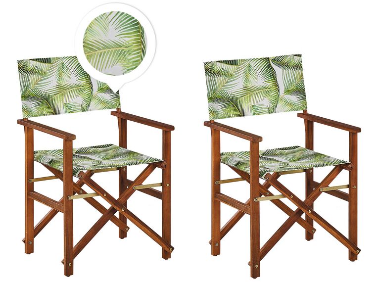 Set of 2 Acacia Folding Chairs and 2 Replacement Fabrics Dark Wood with Grey / Tropical Leaves Pattern CINE_819319