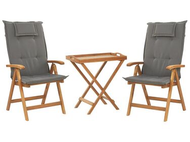Set de terrasse table et 2 chaises en bois clair coussins gris graphite JAVA