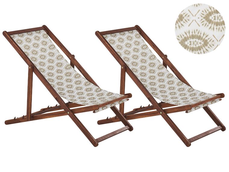 Set of 2 Acacia Folding Deck Chairs and 2 Replacement Fabrics Dark Wood with Off-White / Beige Pattern ANZIO_819780