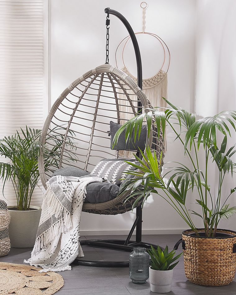 PE Rattan Hanging Chair with Stand Grey TOLLO Beliani.de