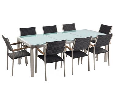 Set tavolo e sedie da giardino in vetro temperato bianco e rattan tavolo 220 con 8 sedie GROSSETO