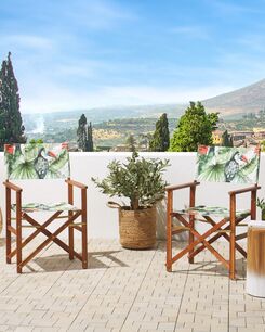 Tumma akaasiapuinen puutarhatuoli harmaalla/tukaanikuvioisella kankaalla 2 kpl CINE Tumma akaasiapuinen puutarhatuoli harmaalla/tukaanikuvioisella kankaalla 2 kpl CINE