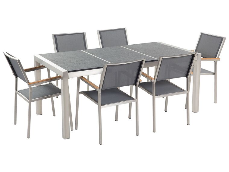 Conjunto de mesa com tampo triplo granito flameado preto 180 x 90 cm e 6 cadeiras cinzentas GROSSETO_672637