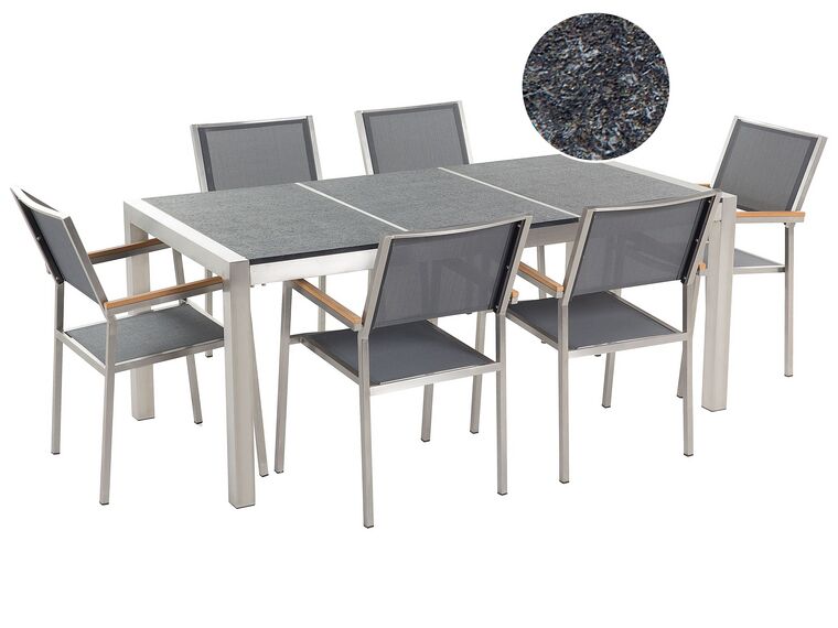 Hatszemélyes fekete égetett gránit étkezőasztal szürke textilén székekkel GROSSETO_672637