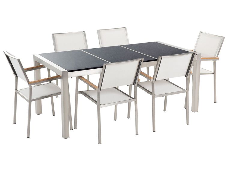 Conjunto de mesa com tampo triplo granito polido preto 180 x 90 cm e 6 cadeiras brancas GROSSETO_394848