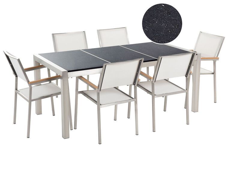 Hatszemélyes fekete gránit osztott asztallapú étkezőasztal fehér textilén székekkel GROSSETO_394848