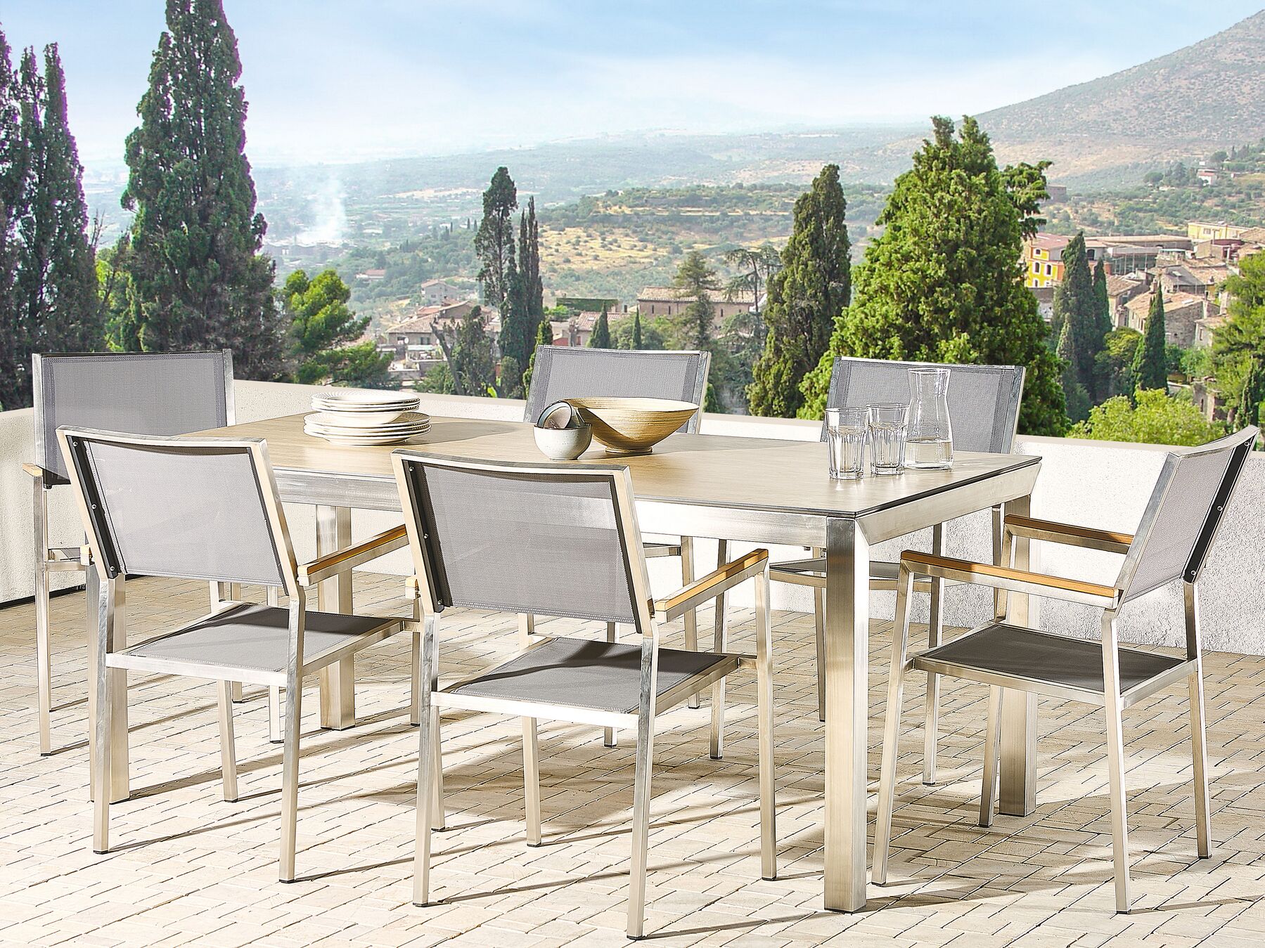 Gartenmöbel Set Holzoptik 180 cm 6-Sitzer Textilbespannung grau