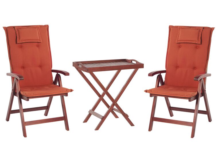 Balkongsett bord og 2 stoler med røde puter akasietre TOSCANA_783966
