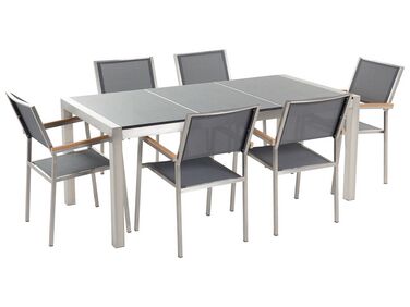 Table de jardin plateau granit gris poli 180 cm 6 chaises grises GROSSETO