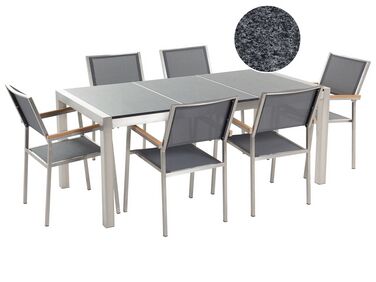 Hatszemélyes szürke gránit osztott asztallapú étkezőasztal szürke textilén székekkel GROSSETO