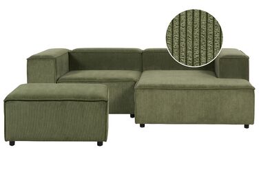 Kombinálható kétszemélyes bal oldali zöld kordbársony kanapé ottománnal APRICA
