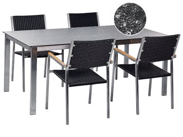Négyszemélyes fekete gránithatású üveg étkezőasztal fekete műrattan székekkel COSOLETO/GROSSETO