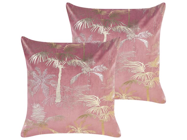 Set of 2 Velvet Cushions Palm Motif 45 x 45 cm Pink CARANDAY_854624